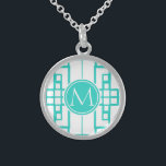 Turquoise Maze en Monogram Sterling Zilver Ketting<br><div class="desc">Maze patroon. Elegant Monogram. Turquoise-ontwerp</div>
