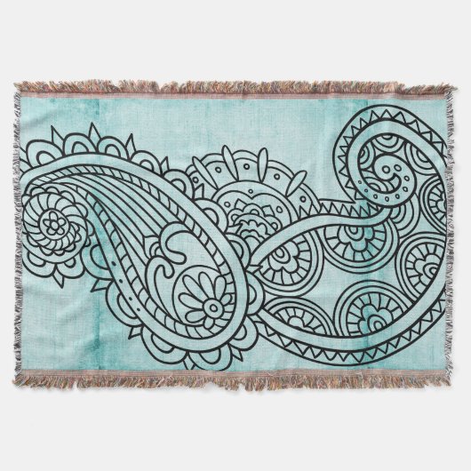 Turquoise Mehndi Motif Throw Blanket Deken (Voorkant)
