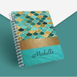 Turquoise Mermaid Scales Stone Personalized Gold Notitieboek