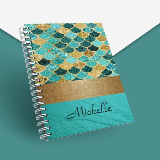 Turquoise Mermaid Scales Stone Personalized Gold Notitieboek