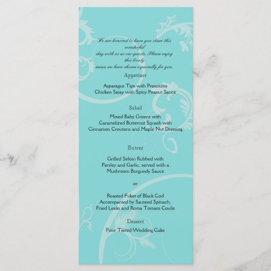 Turquoise met Black Swirl Flourish Wedding Menu (Voorkant)