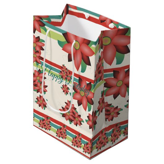 Turquoise met rode bloemenschuur medium cadeauzakje (Voorkant Gekanteld)