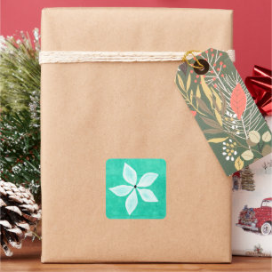 Turquoise met witte bloem vierkante sticker