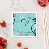 Turquoise met zwarte bloeiende monogram bruiloft servetten (Insitu)