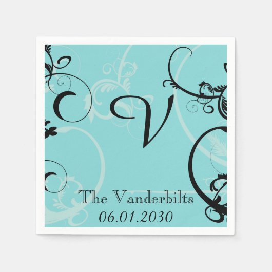 Turquoise met zwarte bloeiende monogram bruiloft servetten (Voorkant)