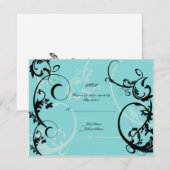 Turquoise met zwarte swirl bloeien verfraaiing RSVP kaartje (Voorkant / Achterkant)