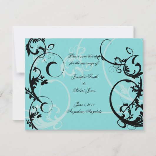 Turquoise met zwarte swirl bloeien verfraaiing save the date (Voorkant)