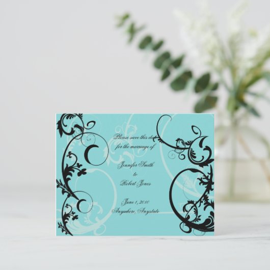 Turquoise met zwarte swirl bloeien verfraaiing save the date (Staand voorkant)