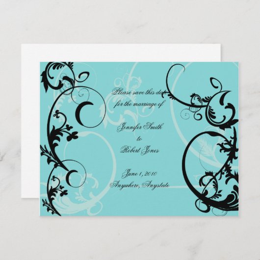 Turquoise met zwarte swirl bloeien verfraaiing save the date (Voorkant / Achterkant)