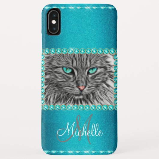 Turquoise Metallic Cat, Rhinestones Gepersonalisee Case-Mate iPhone Case (Achterkant)