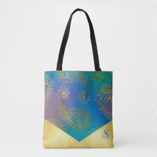 Turquoise & Metallic Gouden Monogram Bruidsmeisje Tote Bag