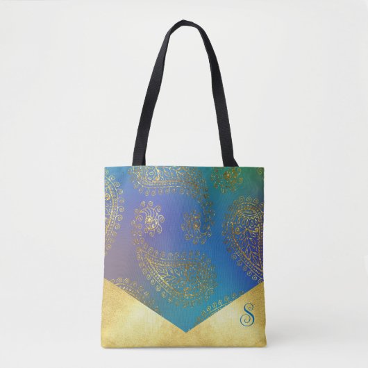 Turquoise & Metallic Gouden Monogram Bruidsmeisje Tote Bag (Voorkant)