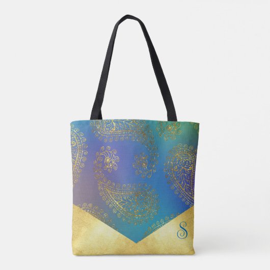 Turquoise & Metallic Gouden Monogram Bruidsmeisje Tote Bag (Achterkant)