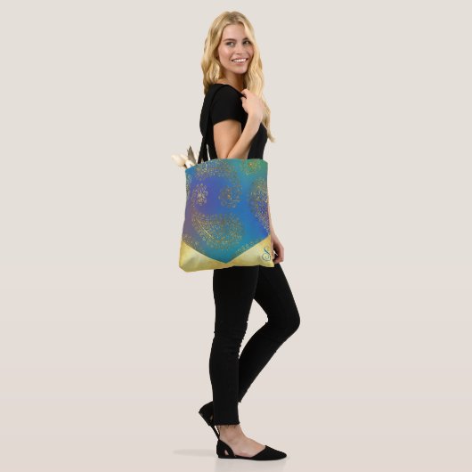 Turquoise & Metallic Gouden Monogram Bruidsmeisje Tote Bag (Op model)