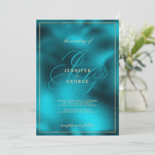 Turquoise metallic monogram initialen bruiloft kaart (Staand voorkant)