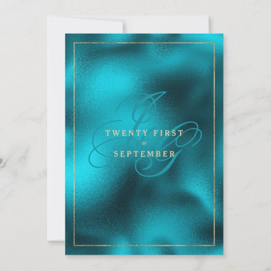 Turquoise metallic monogram initialen bruiloft kaart (Achterkant)