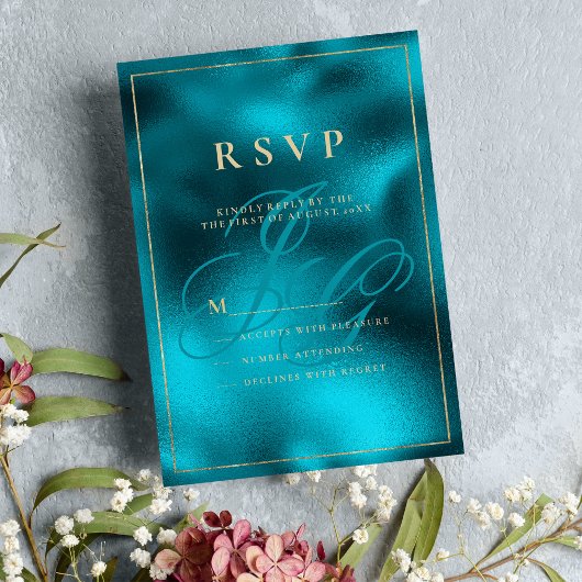 Turquoise metallic monogram initialen RSVP Kaart