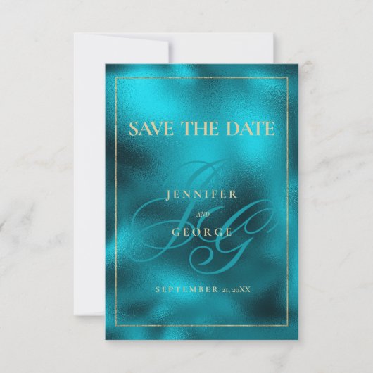 Turquoise metallic monogram initialen Save The Dat Date (Voorkant)