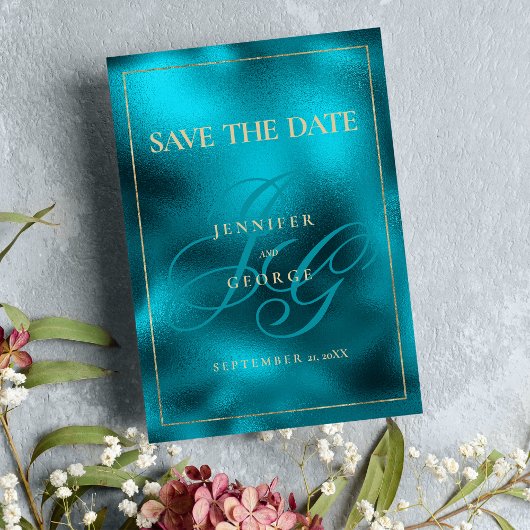 Turquoise metallic monogram initialen Save The Dat Date