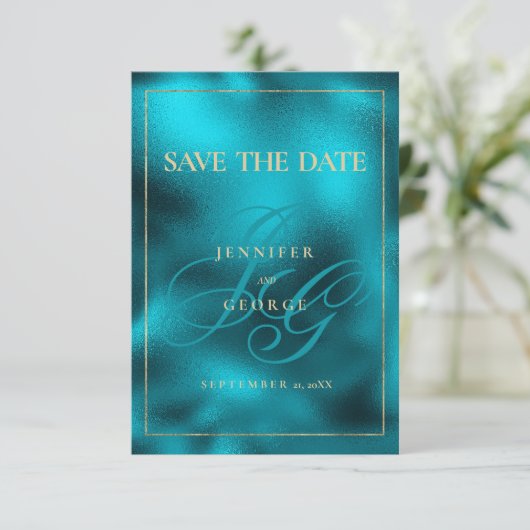 Turquoise metallic monogram initialen Save The Dat Save The Date (Staand voorkant)