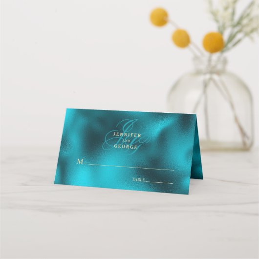 Turquoise metallic monogram initials wedding plaatskaartje (Voorkant)