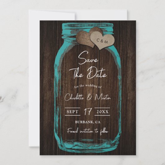 Turquoise metsenen pot houten monogram romantische save the date (Voorkant)