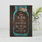 Turquoise metsenen pot houten monogram romantische save the date (Staand voorkant)