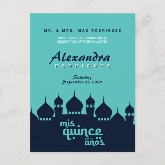 Turquoise Midnight Blue Arabian Nights Quinceañera Briefkaart (Voorkant)