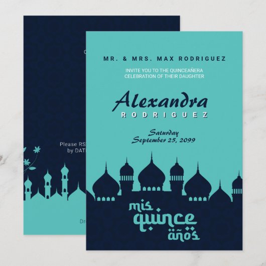 Turquoise Midnight Blue Arabian Nights Quinceañera Kaart (Voorkant / Achterkant)