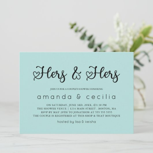 Turquoise Minimalist Hers & Hers Couple's Shower Kaart (Staand voorkant)