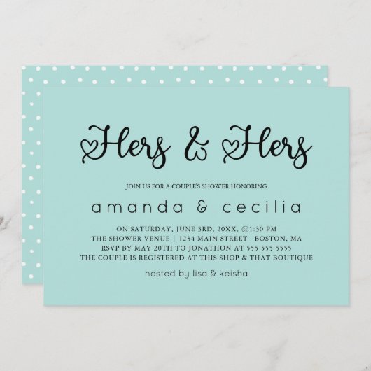 Turquoise Minimalist Hers & Hers Couple's Shower Kaart (Voorkant / Achterkant)
