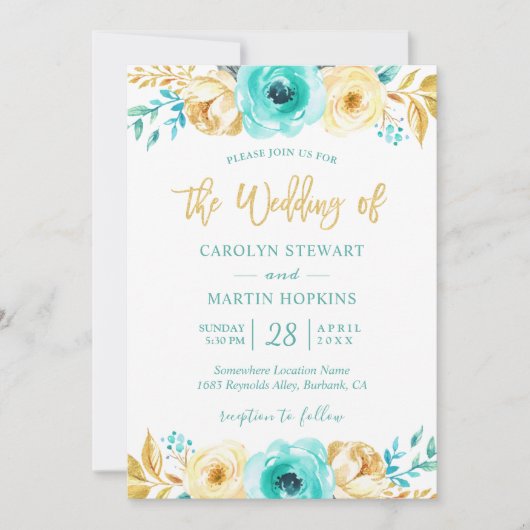 Turquoise Mint Gold Floral Romantic Chic Wedding Kaart (Voorkant)