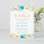 Turquoise Mint Gold Floral Romantic Chic Wedding Kaart (Staand voorkant)