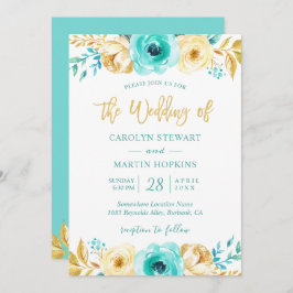 Turquoise Mint Gold Floral Romantic Chic Wedding Kaart