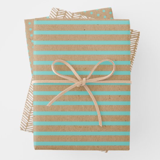 Turquoise Mint Green Lines Faux Rustic Brown Kraft Inpakpapier Vel (In situ)