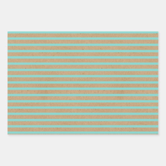 Turquoise Mint Green Lines Faux Rustic Brown Kraft Inpakpapier Vel (Voorkant)
