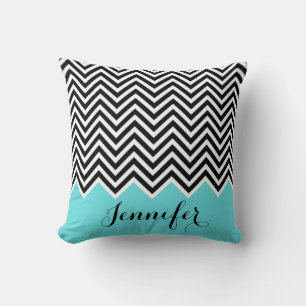 Turquoise mint met zwarte en witte Chevron Custom Kussen