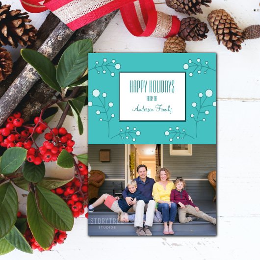 Turquoise Modern Berry Holiday Fotokaart Kaart