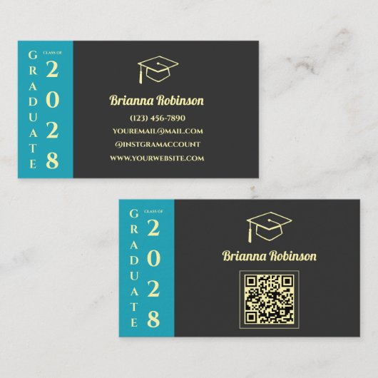 Turquoise Modern Graduation QR Code Name Card Contactkaartje (Voorkant / Achterkant)