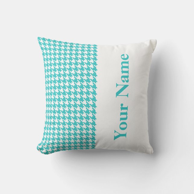 Turquoise Modern Houndstooth met naam Kussen (Voorkant)