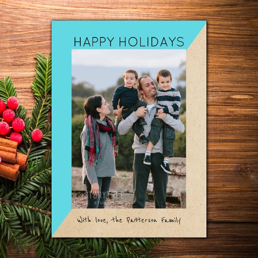 Turquoise Modern Slant Holiday Photo Flat Kaart