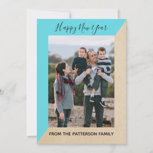 Turquoise Modern Slant New Year's Photo Flat Kaart (Voorkant)