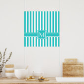 Turquoise Modern Stripe met monogram Poster (Keuken)