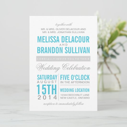 Turquoise Modern Typography Wedding Invitation Kaart (Staand voorkant)