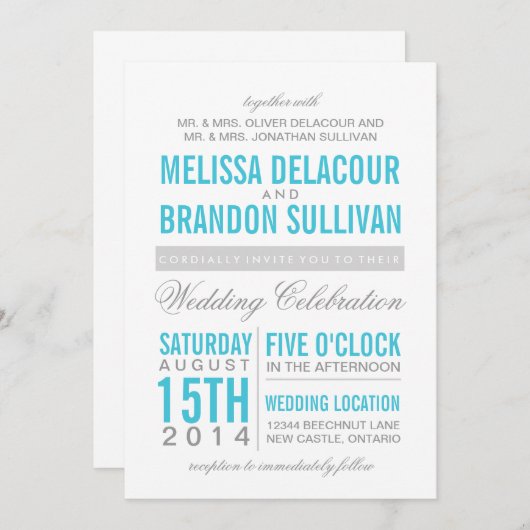 Turquoise Modern Typography Wedding Invitation Kaart (Voorkant / Achterkant)