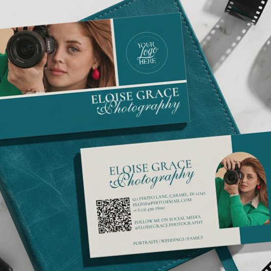 Turquoise Moderne Foto Fotograaf QR Code Visitekaartje