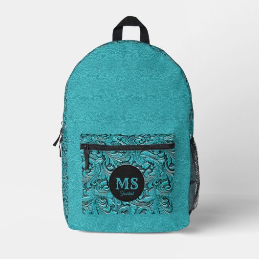 Turquoise monogram bewerkt leder westerne stijl bedrukte rugzak (Voorkant)