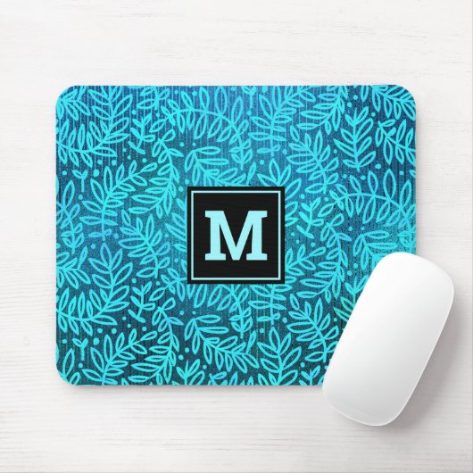 Turquoise monogram bladeren patroon modern muismat (Met muis)