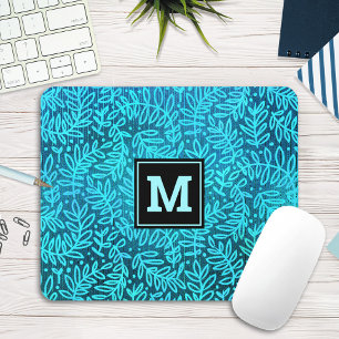 Turquoise monogram bladeren patroon modern muismat