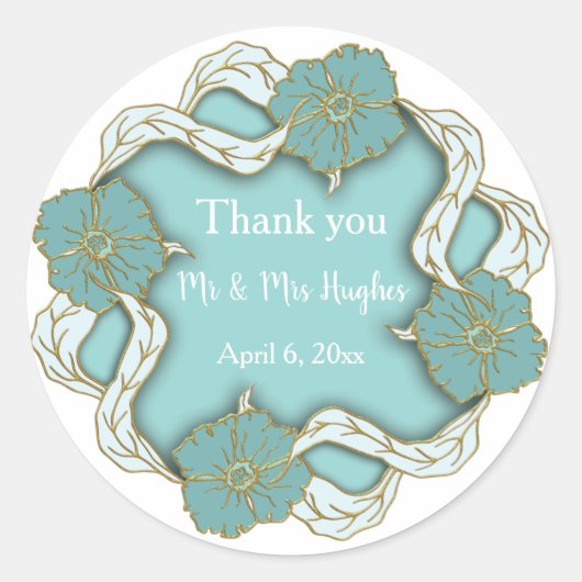 Turquoise Monogram bloemenbruiloft dank u Ronde Sticker (Voorkant)